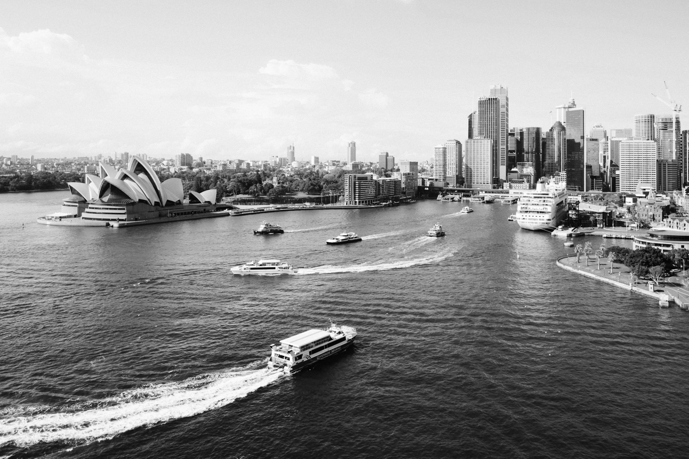 Sydney Harbour, the Opera House and the city skyline from above